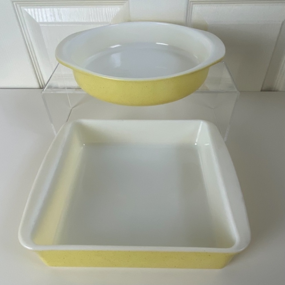 2 Rare Vintage Pyrex 1955-56 Yellow Speckled Desert Dawn Series Baking Dishes - Picture 14 of 16